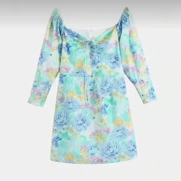 Zara Dresses & Skirts - Zara Floral Blue Green Mini Dress Puff Sleeves Women's Size Small